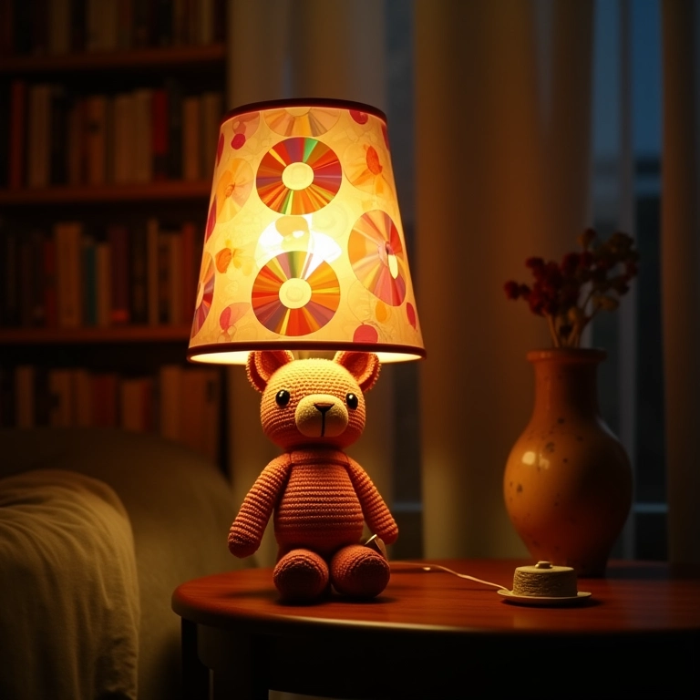 Luminária e abajur de amigurumi feitos com pedaços de CD.