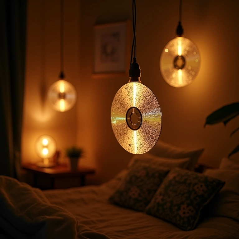 Luminárias artesanais de CD penduradas em quarto aconchegante.