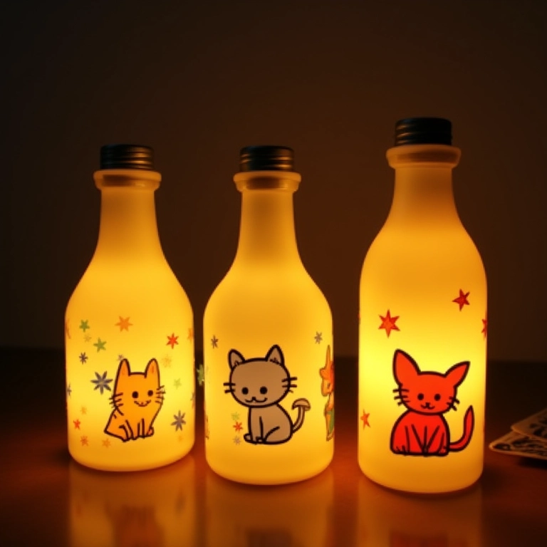 Luminárias artesanais feitas com garrafas de vidro decoradas e detalhes em amigurumi.