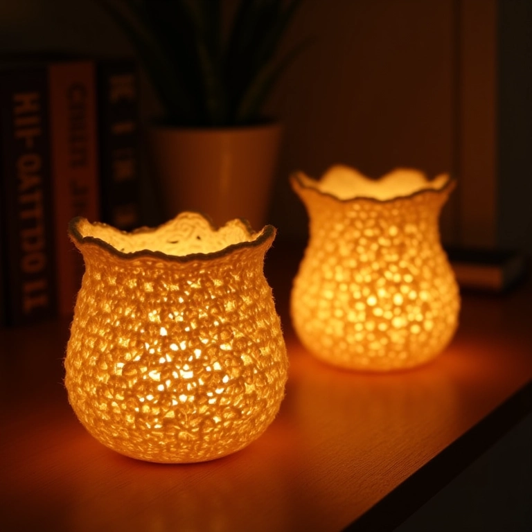 Luminárias de caixote de crochê.
