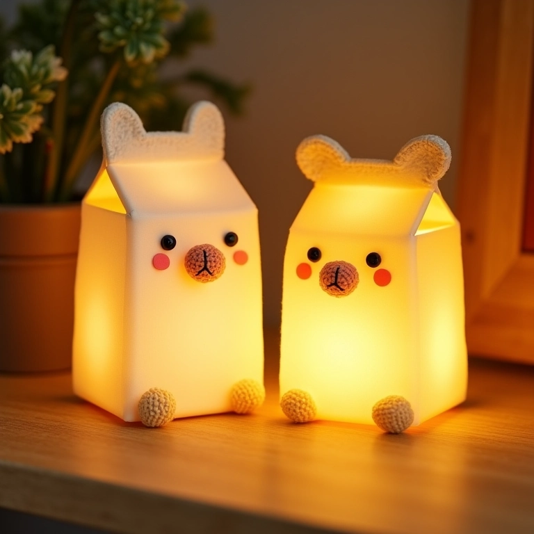 Luminárias decorativas de amigurumi feitas com caixas de leite.