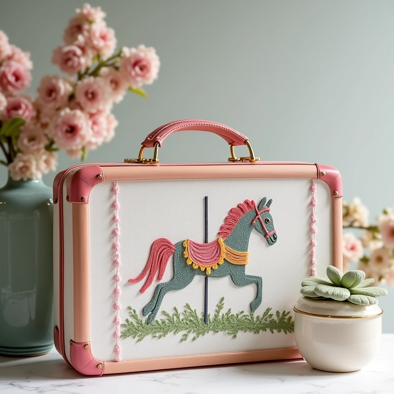 Maletinhas de pintura personalizadas com detalhes de carrossel em crochê.