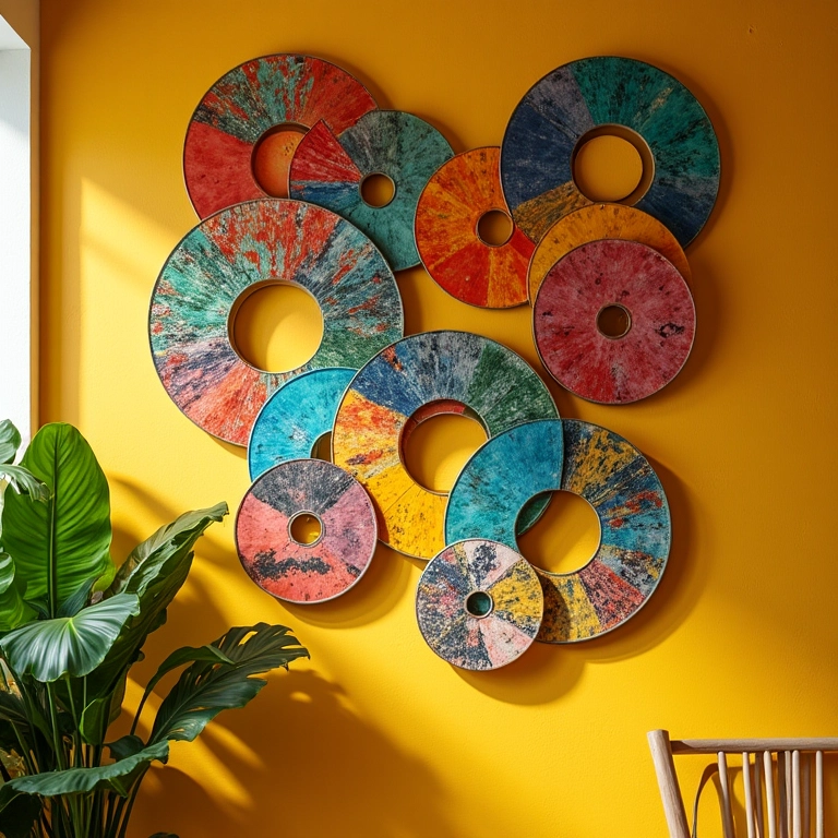 Mandalas de CD coloridas penduradas em parede vibrante.