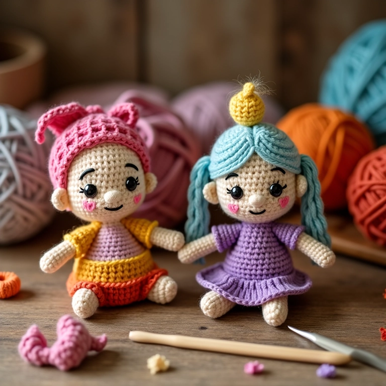Mandalas de CD feitas de amigurumi em mesa de artesanato.