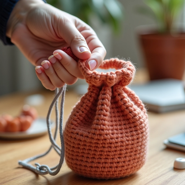 Mão ajustando o cordão de um puxa saco de crochê.