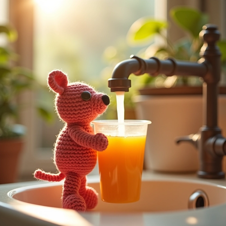 Mão de crochê lavando embalagem de suco de crochê.