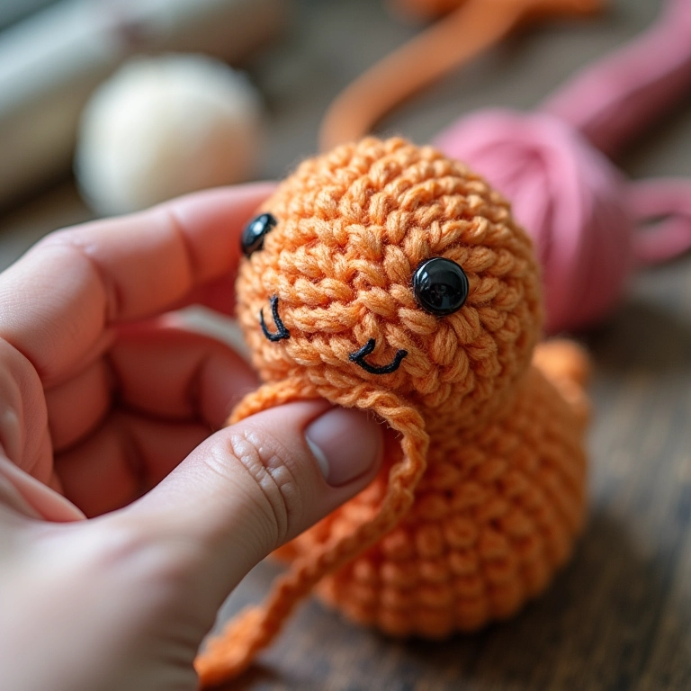 Mão desfazendo nó em fio de amigurumi.