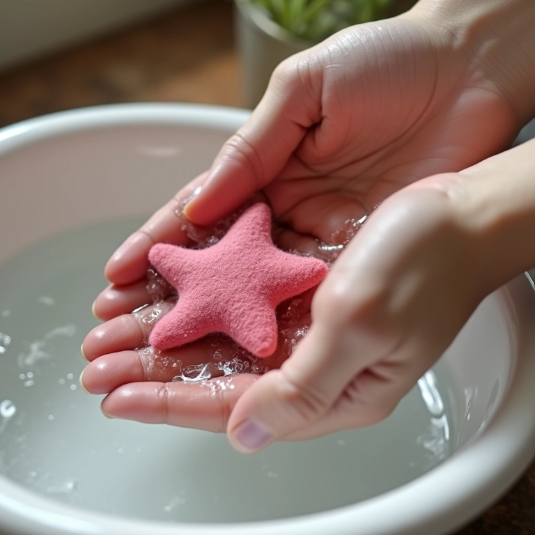 Mão lavando delicadamente um chaveiro de feltro em água com sabão.