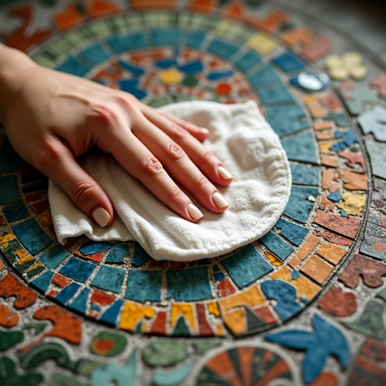 Mão limpando mosaico de CD com pano macio, cuidado e manutenção.