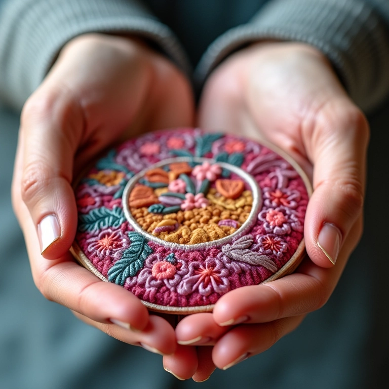 Mão preenchendo um desenho com ponto cheio, em close-up, com cores vibrantes e foco nítido.