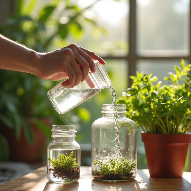 Mão regando delicadamente plantas em garrafas pet, técnica de rega correta.