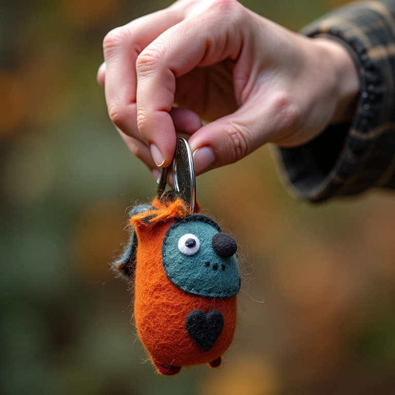 Mão segurando chaveiro de feltro com fundo desfocado mostrando os benefícios de escolher feltro.