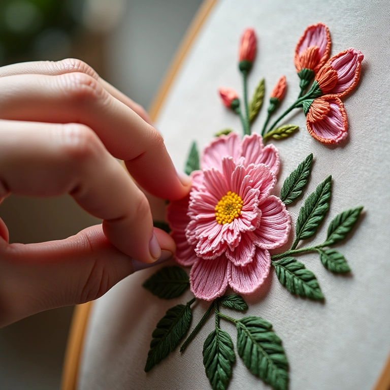 Mão utilizando ponto haste para bordar um padrão floral em tecido texturizado, com iluminação natural.