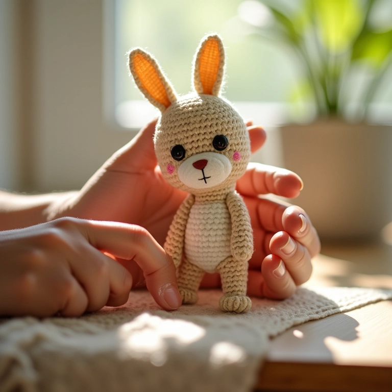 Mãos ajustando delicadamente um amigurumi de ponto cruz.
