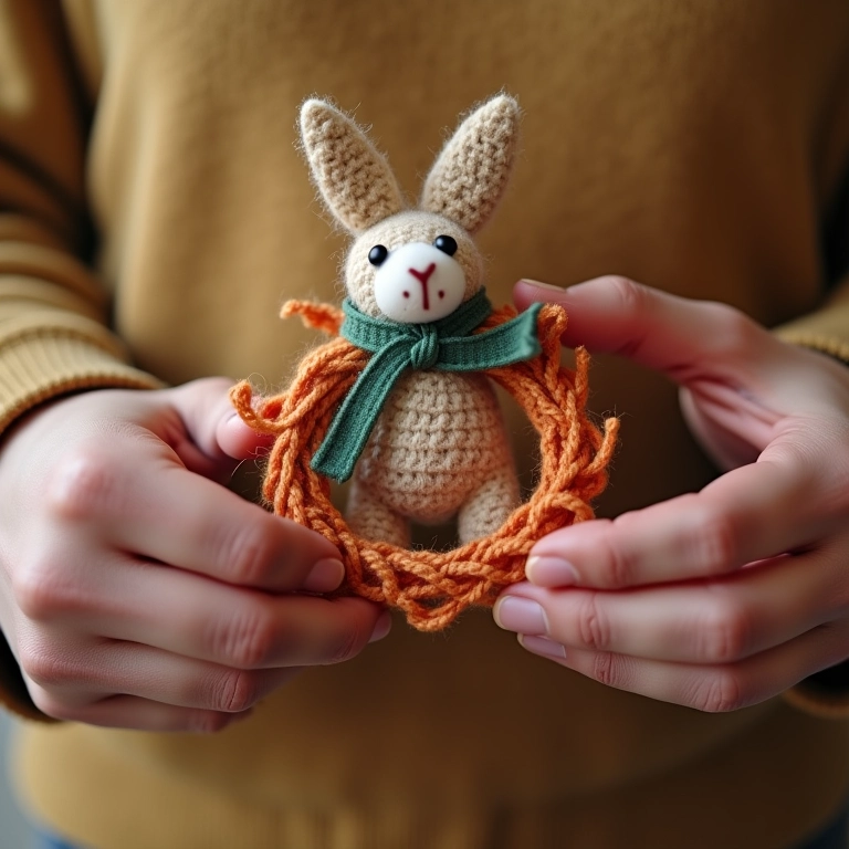 Mãos ajustando guirlanda de feltro amigurumi.