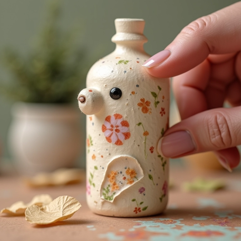 Mãos alisando papel para evitar rugas em decoupage de amigurumi.