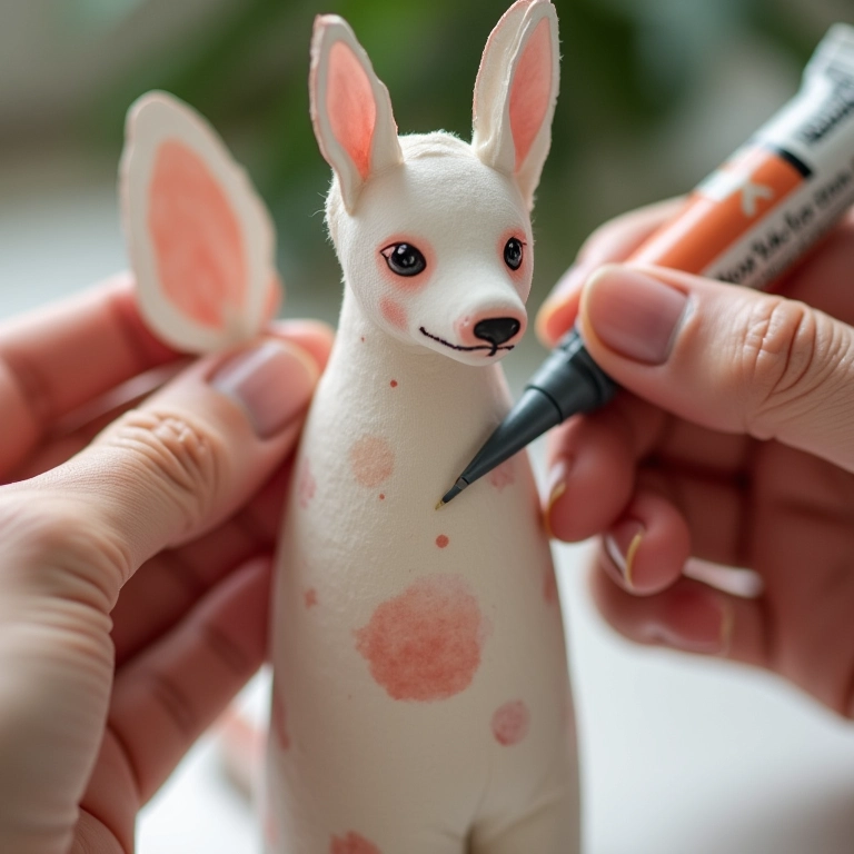 Mãos aplicando recortes em amigurumi de garrafa com decoupage.