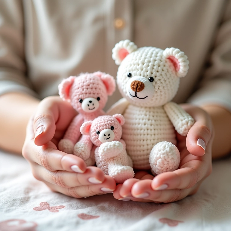 Mãos arrumando ursinhos de crochê para chá de bebê.