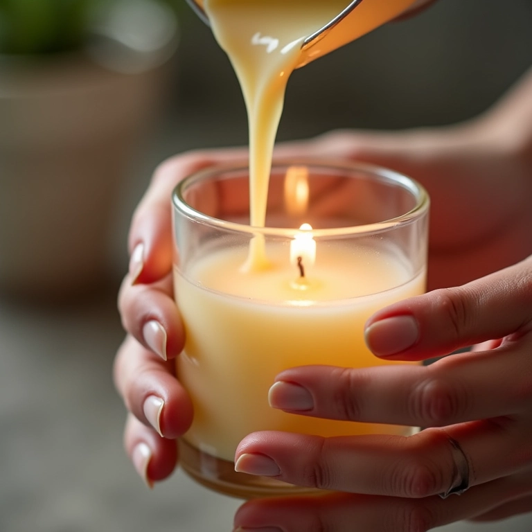 Por que a cera de soja pode ser a melhor amiga da sua vela artesanal Mãos artesanais vertendo cera de soja derretida em recipiente de vidro para vela.