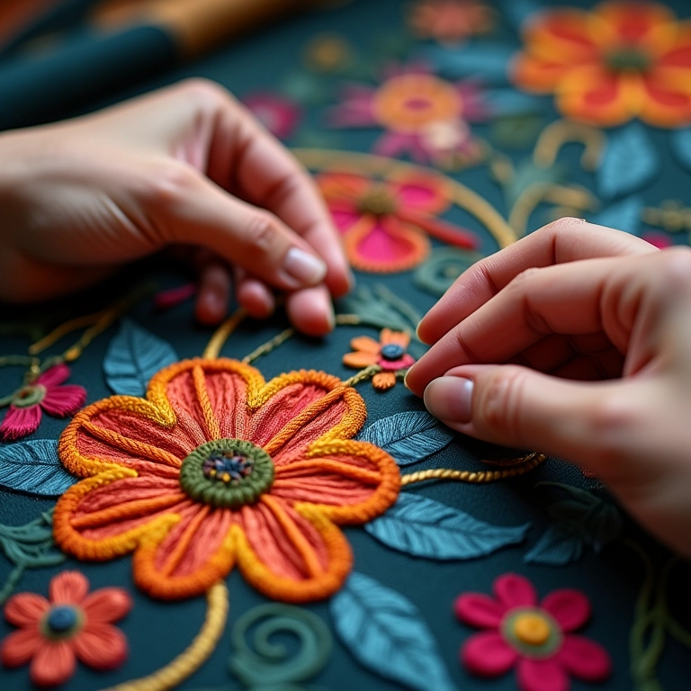 Mãos bordando um desenho floral com linhas coloridas.