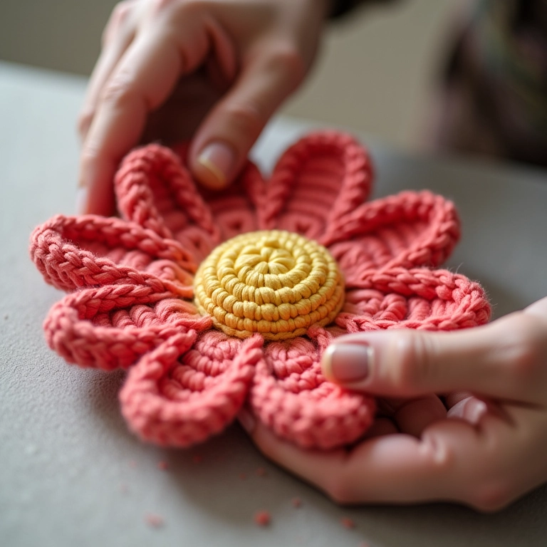Mãos colando pétalas de amigurumi de flor de crochê.