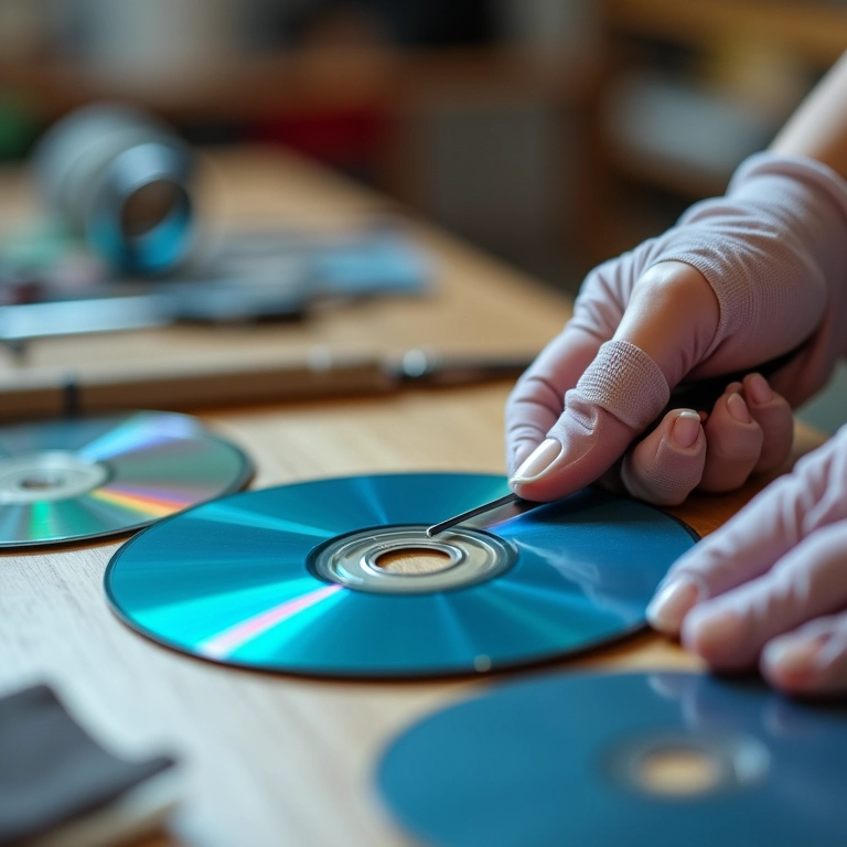 Mãos cortando CD com segurança usando óculos e luvas.