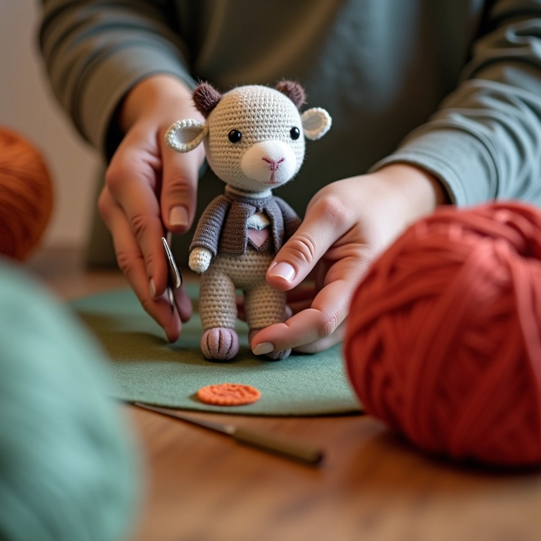 Mãos cortando feltro para o amigurumi da Galinha Pintadinha.