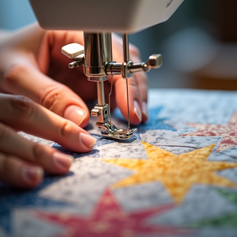 Mãos costurando blocos de colcha 'jelly roll' em uma máquina de costura.