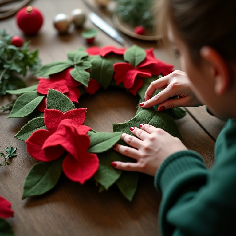 Mãos costurando feltro em base de guirlanda.