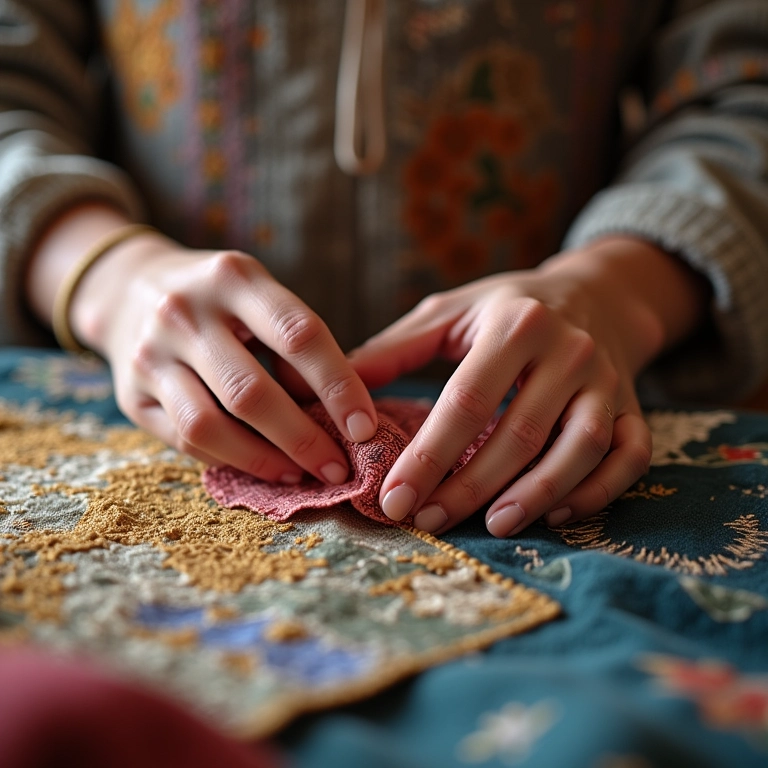 Mãos costurando fuxico com dicas de especialista.