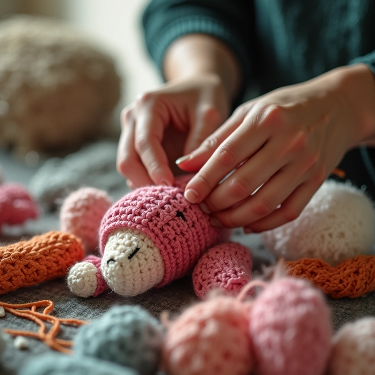 Mãos costurando partes de boneca de pano amigurumi.