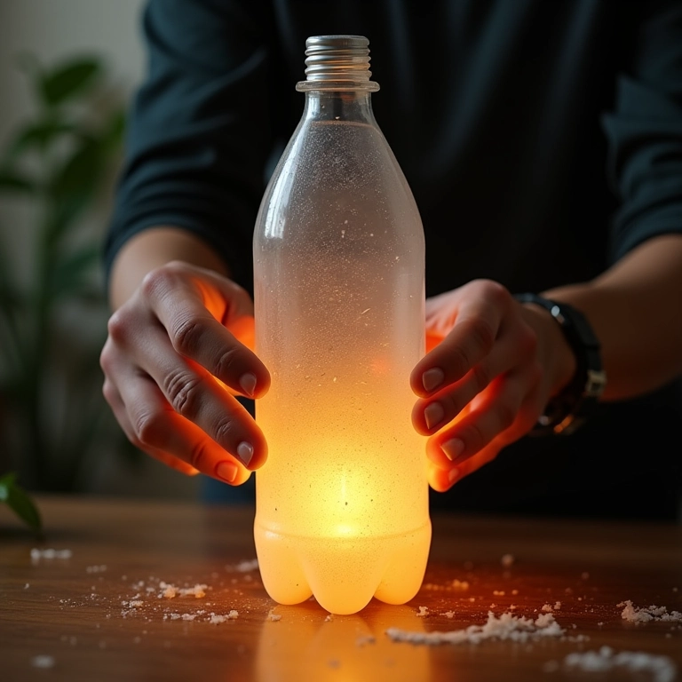 Mãos criando luminária reciclada com garrafas plásticas em mesa de trabalho iluminada.