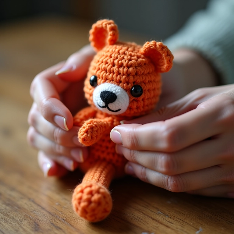 Mãos criando o segredo do ponto em um amigurumi.
