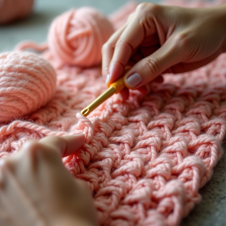 Mãos crocheteando a primeira carreira do tapete com lã macia.