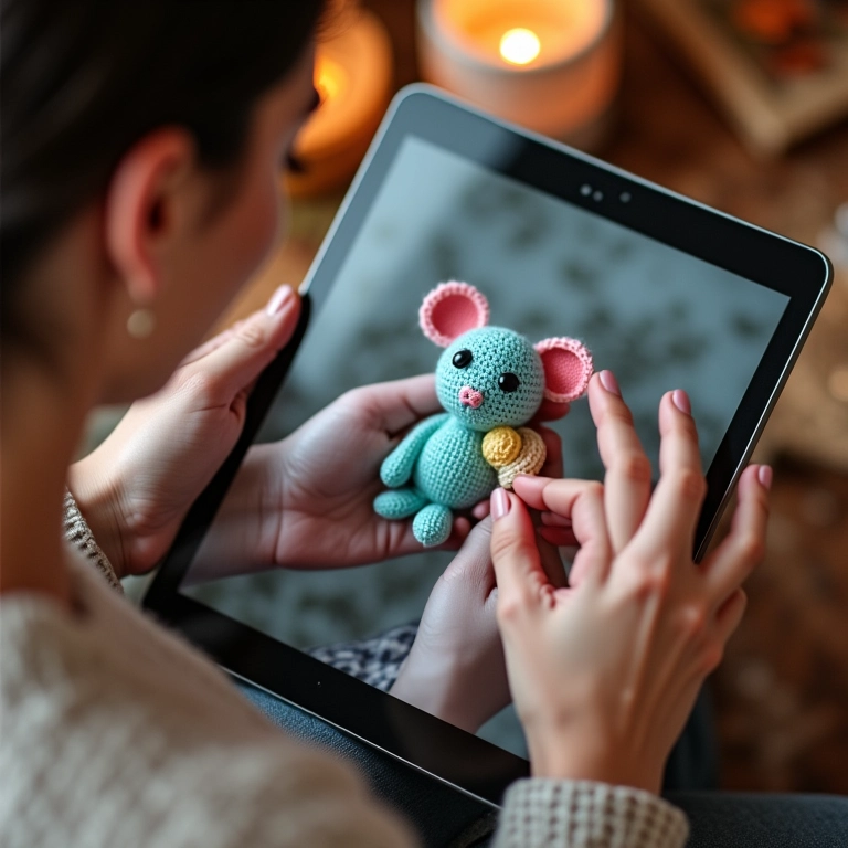 Mãos crocheteando amigurumi, curso online Craftsy.