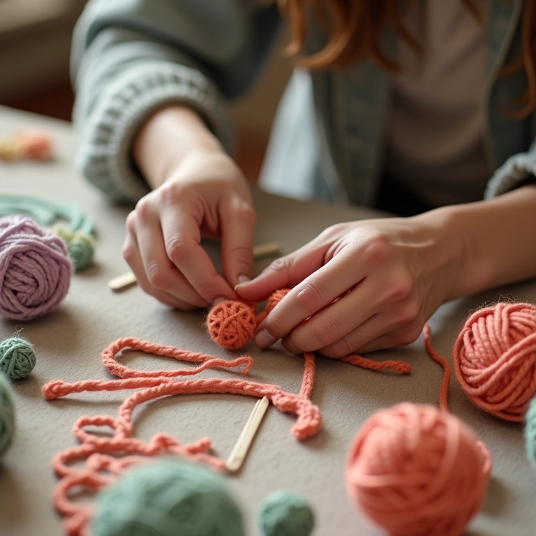 Mãos crocheteando artesanato com palito de picolé em amigurumi.