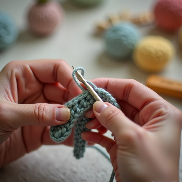 Mãos crocheteando as correntinhas iniciais de um amigurumi.