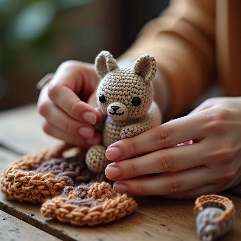 Mãos crocheteando caixa de sapato de amigurumi para linhas.