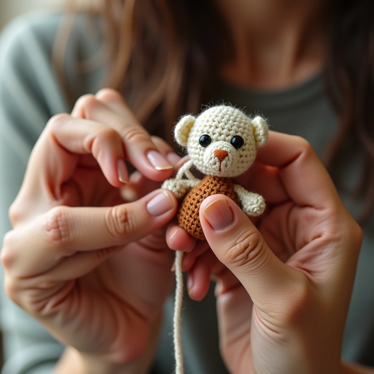 Mãos crocheteando detalhe em amigurumi.