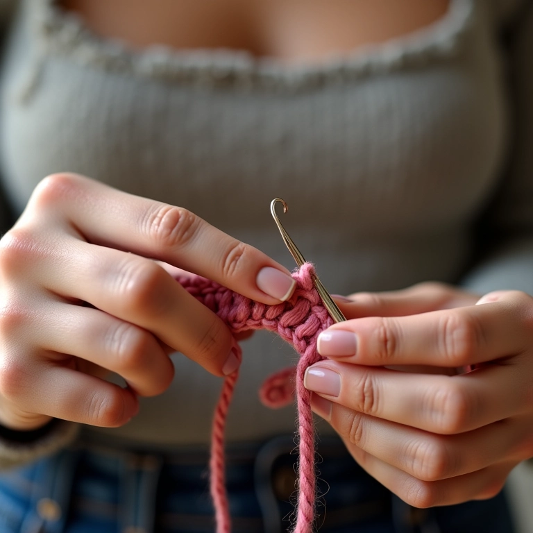 Mãos crocheteando ponto básico.