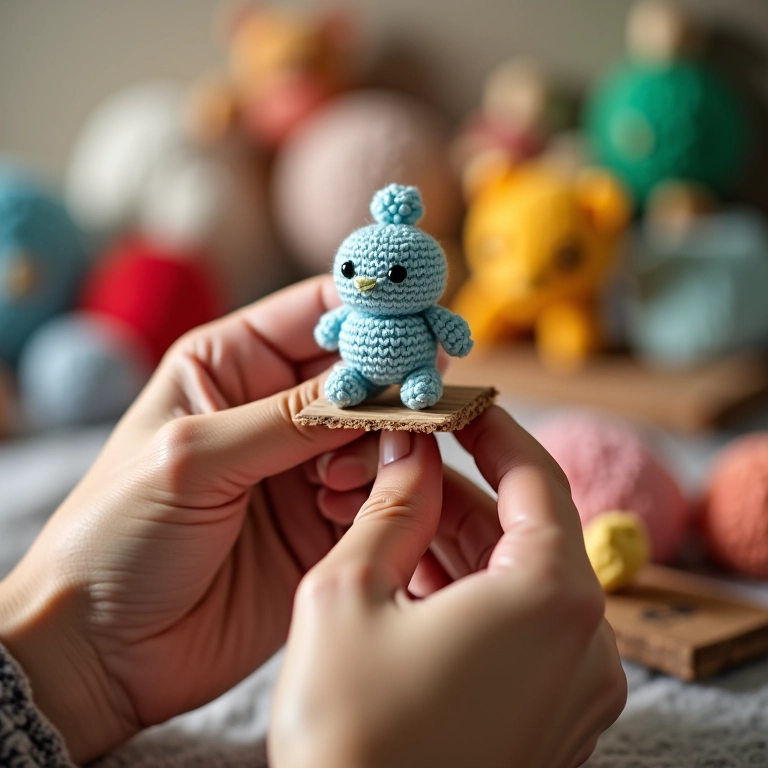 Mãos crocheteando prateleira de pallet em amigurumi.