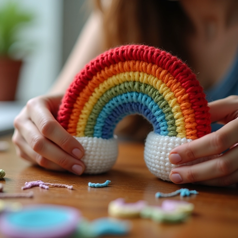 Mãos crocheteando um amigurumi de arco-íris.
