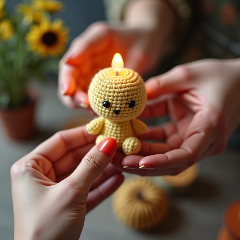 Mãos crocheteando um amigurumi de vela.