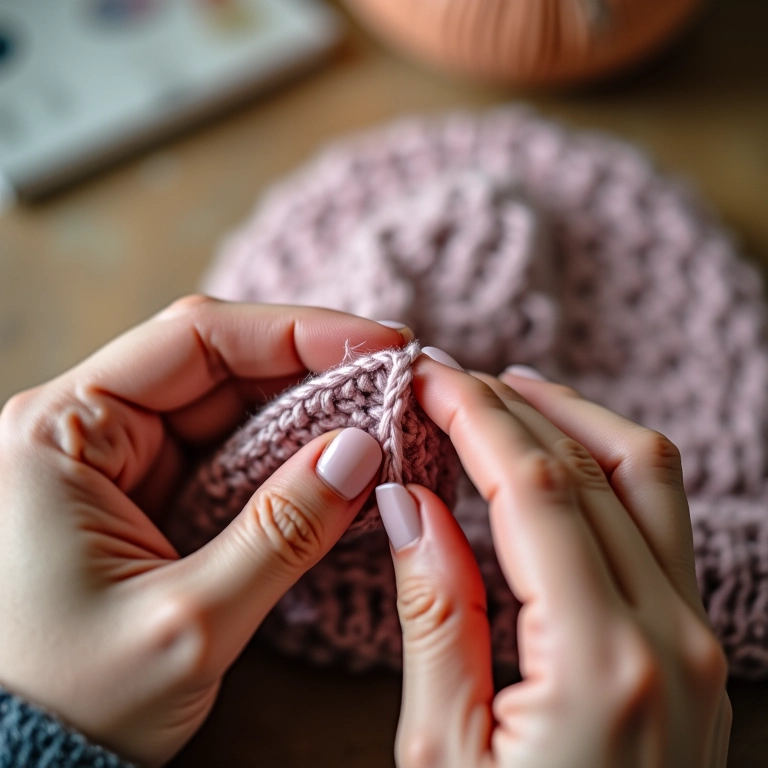 Mãos crocheteando um chapéu com ponto baixo.
