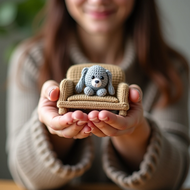 Mãos crocheteando um sofá de pallet em amigurumi.