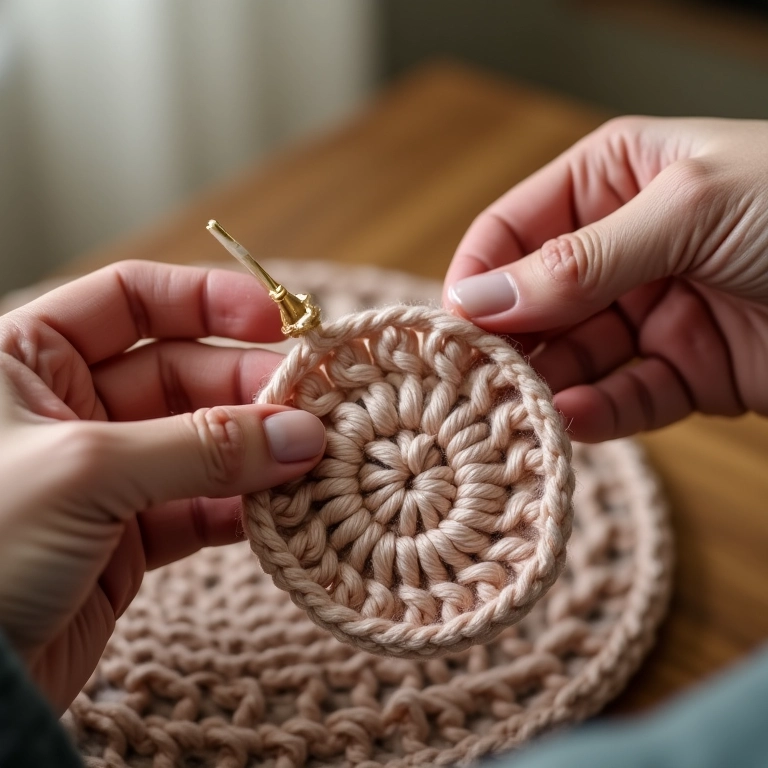 Mãos crocheteando um sousplat simples.