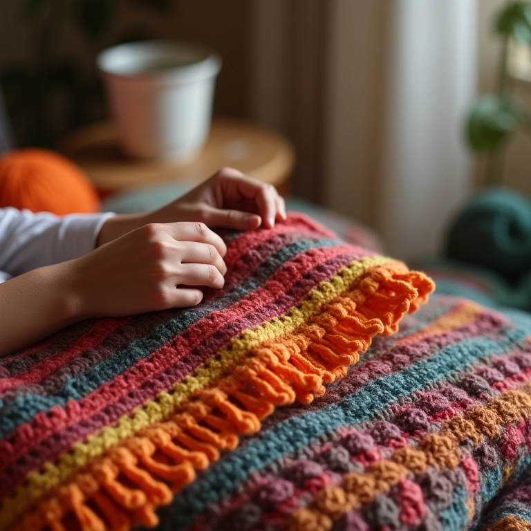 Mãos crochetedo uma manta colorida e aconchegante.
