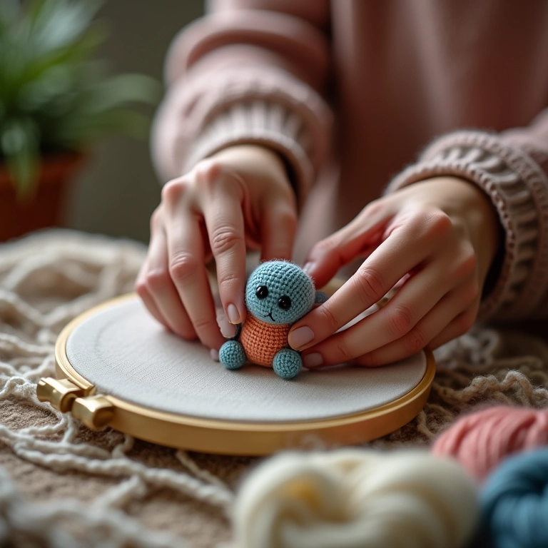 Mãos de artesã ajustando detalhe em amigurumi de bordado russo.