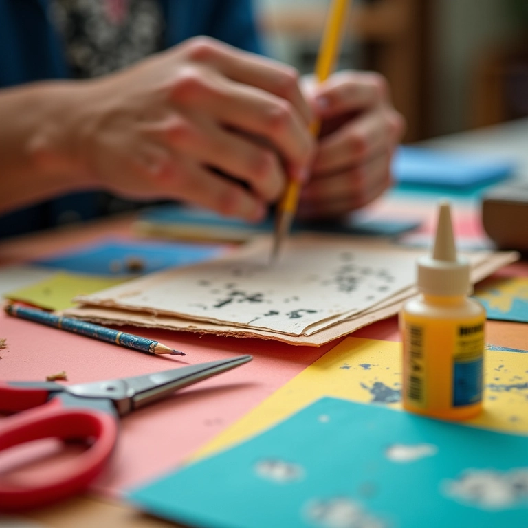 Mãos de artesã brasileira com materiais básicos para artesanato.