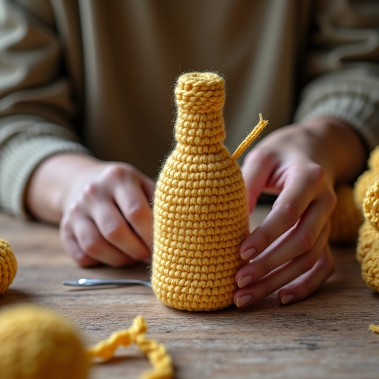 Mãos de artesã cortando e preparando uma garrafa PET de amigurumi.